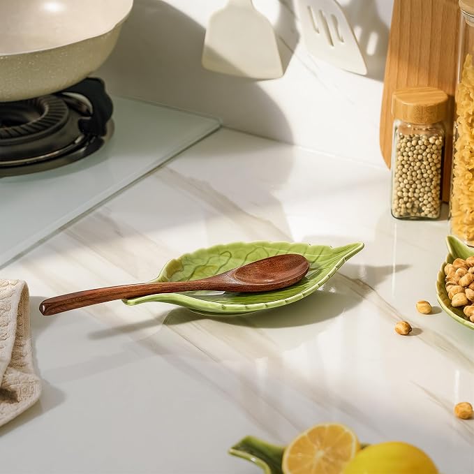Green Leaf-Shaped Ceramic Spoon Rest