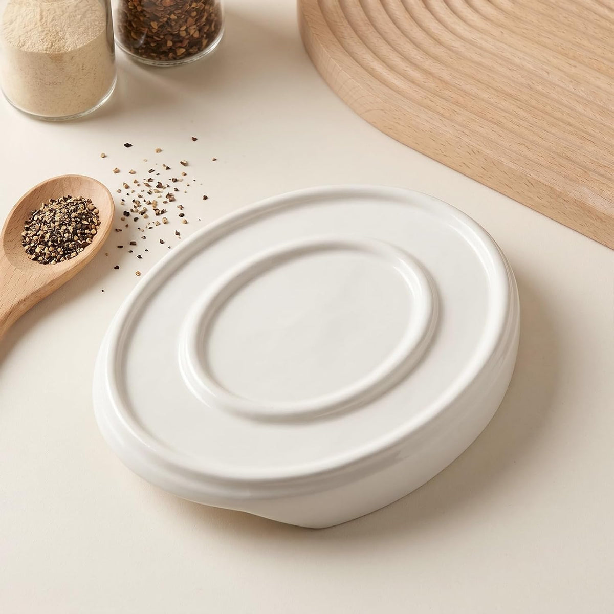 White Ceramic Spoon Rest with Raised Edge