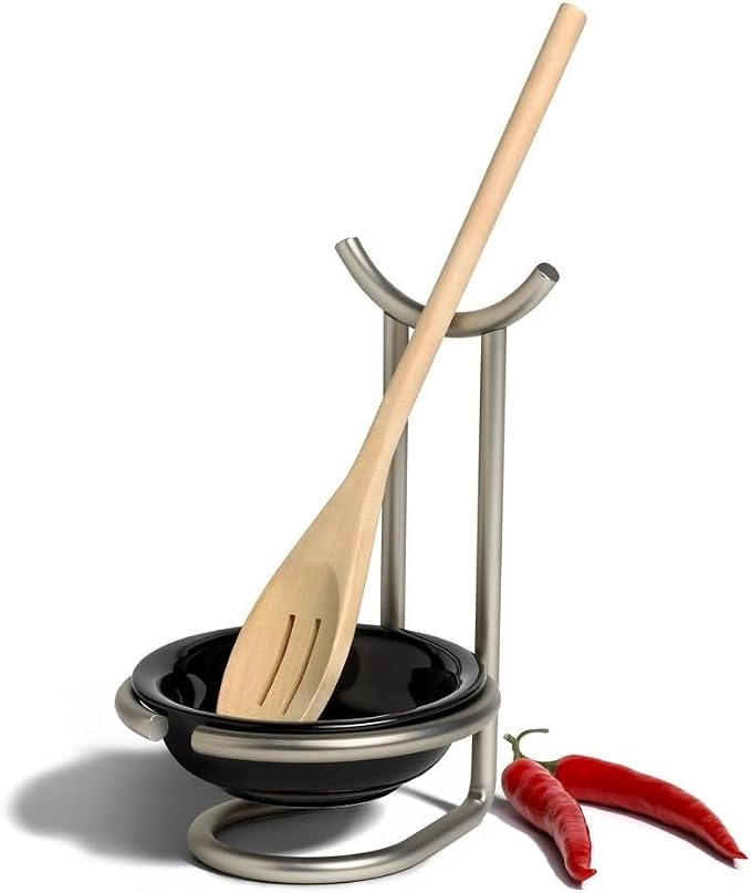 Black Ceramic Spoon Rest with Metal Utensil Stand