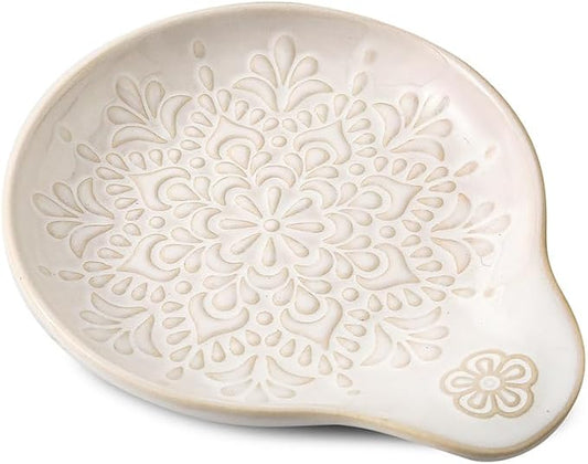 Embossed Floral Ceramic Spoon Rest – Ivory