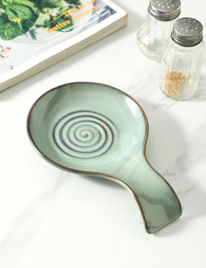 Sage Green Ceramic Spoon Rest with Handle Groove