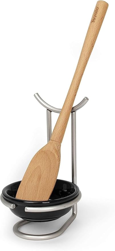 Black Ceramic Spoon Rest with Metal Utensil Stand