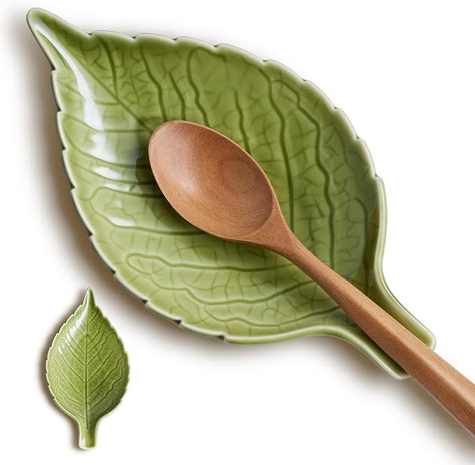 Green Leaf-Shaped Ceramic Spoon Rest