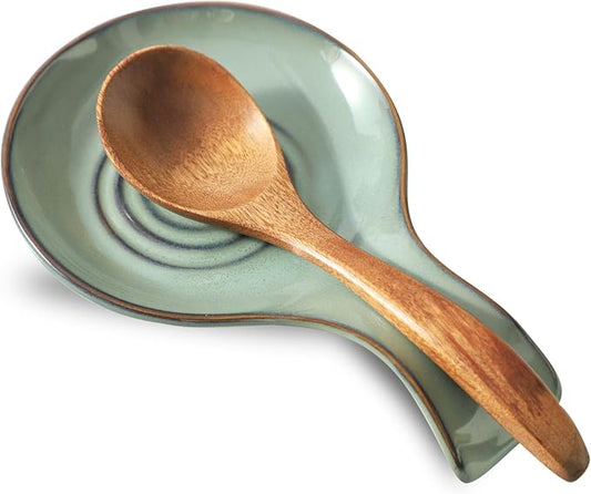 Sage Green Ceramic Spoon Rest with Handle Groove