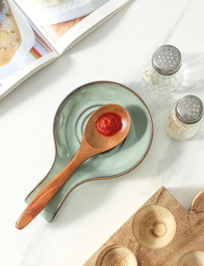 Sage Green Ceramic Spoon Rest with Handle Groove