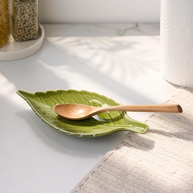Green Leaf-Shaped Ceramic Spoon Rest